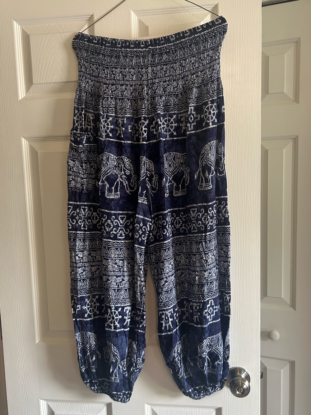 Boho Elephant Print Navy Smocked Waist Women's Harem Pants